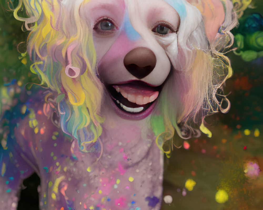 Whimsical dog painting with rainbow-colored fur and joyful expression