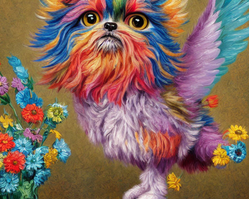 Colorful Winged Dog Creature with Flowers Illustration