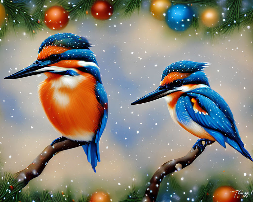 Colorful Kingfishers on Branches with Christmas Lights and Snowflakes