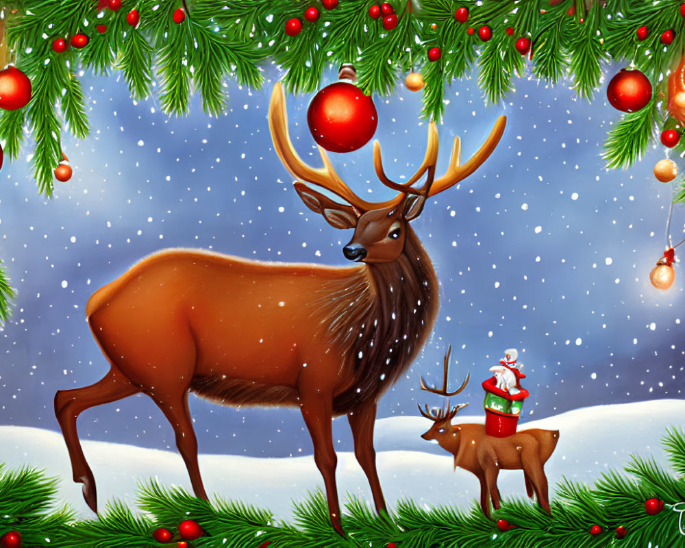 Illustration of festive reindeer with Santa hat, snow-covered fir branches, red baubles.