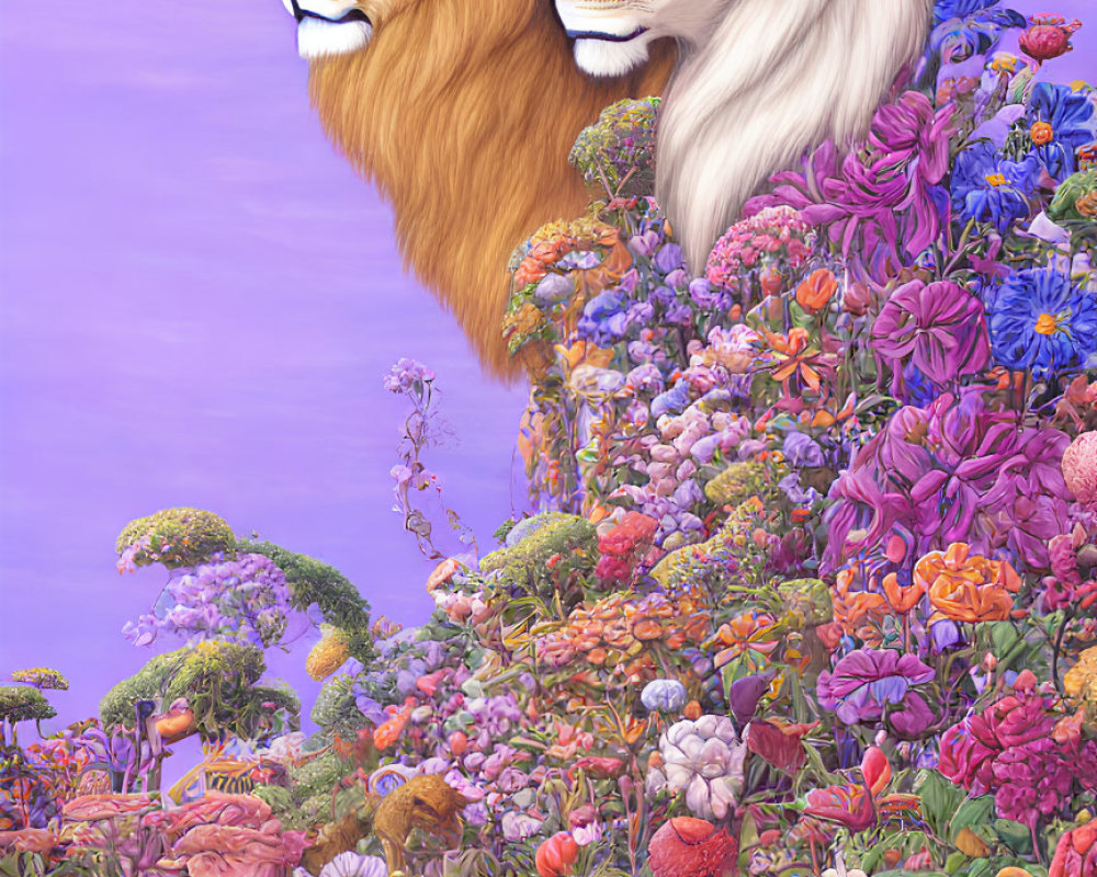 Male and Female Lions with Manes in Vibrant Floral Setting and Bees - Illustration