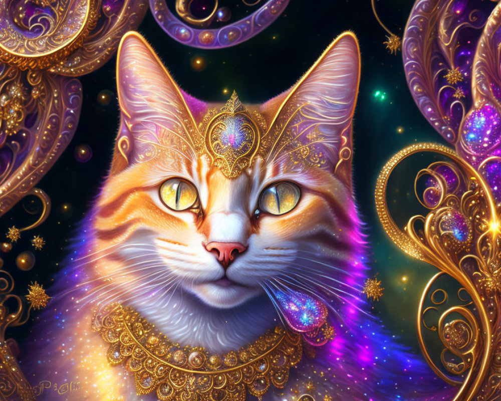 Majestic cat with golden jewelry in cosmic setting