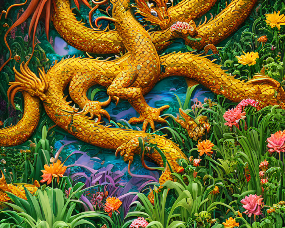 Golden dragon in lush jungle with exotic plants