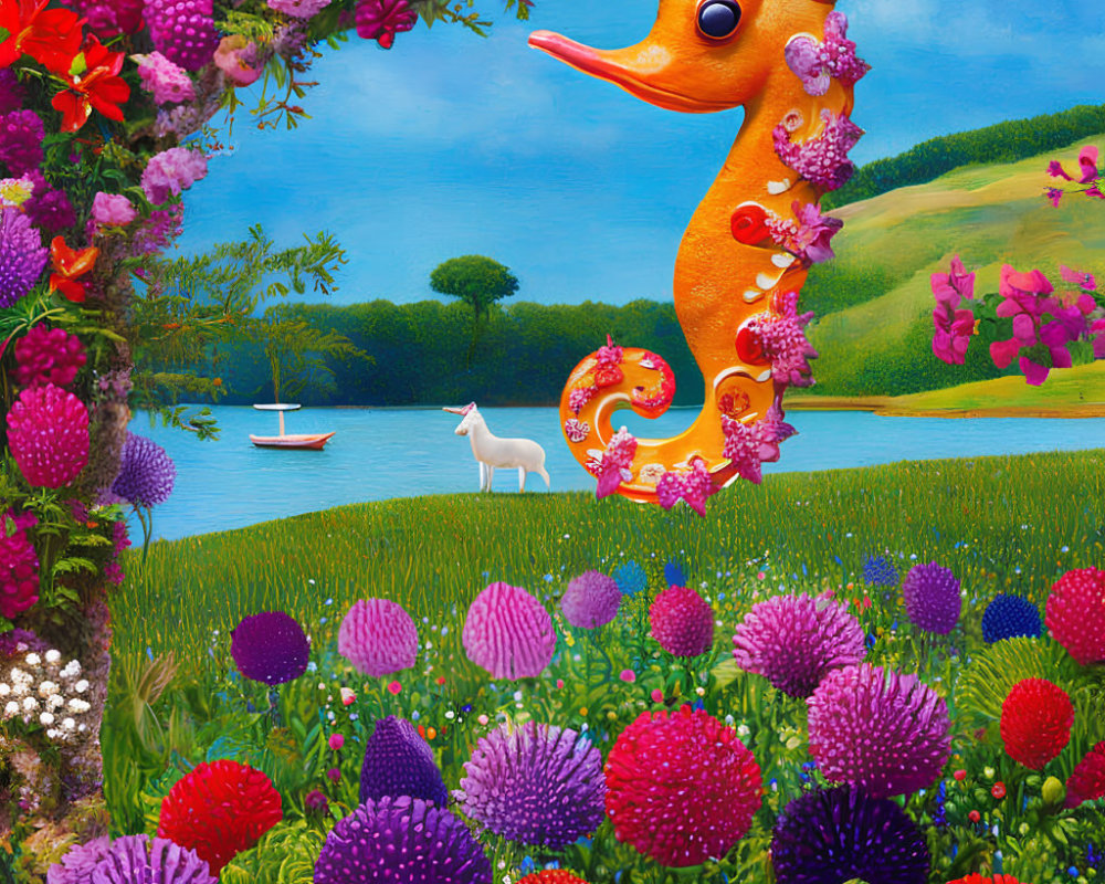 Colorful painting of whimsical seahorse and floral scenery