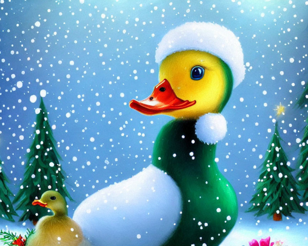 Vibrant illustration of yellow duck in Santa hat with duckling in snowy forest