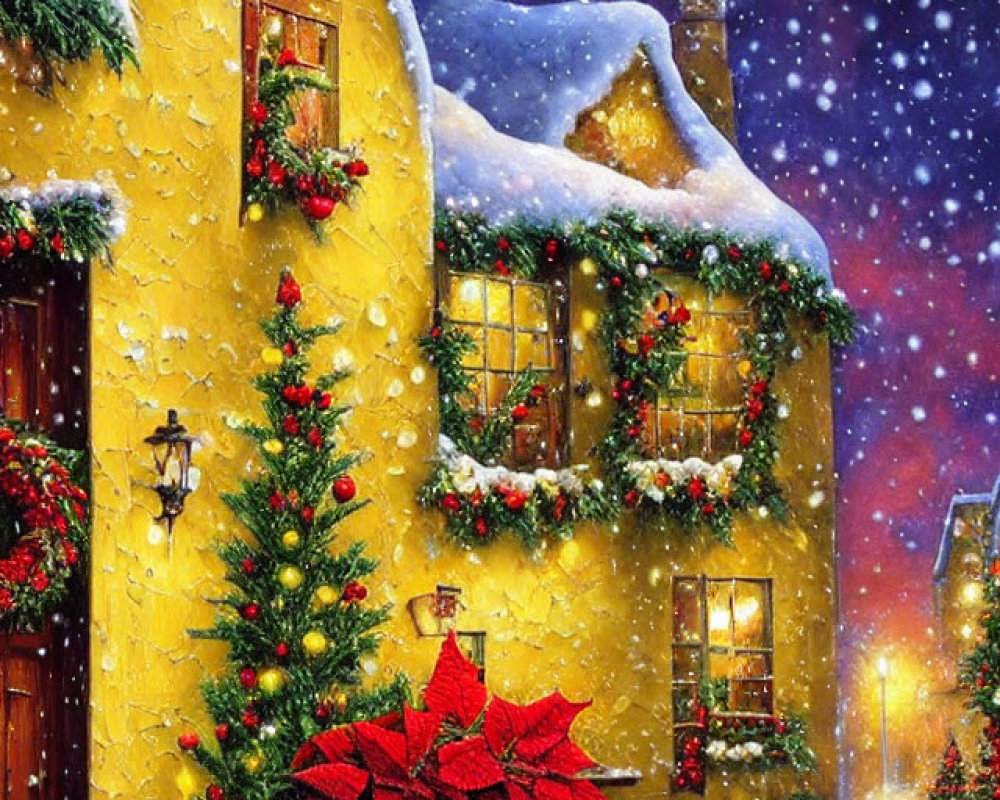 Festive Yellow House with Christmas Decorations and Snow at Night