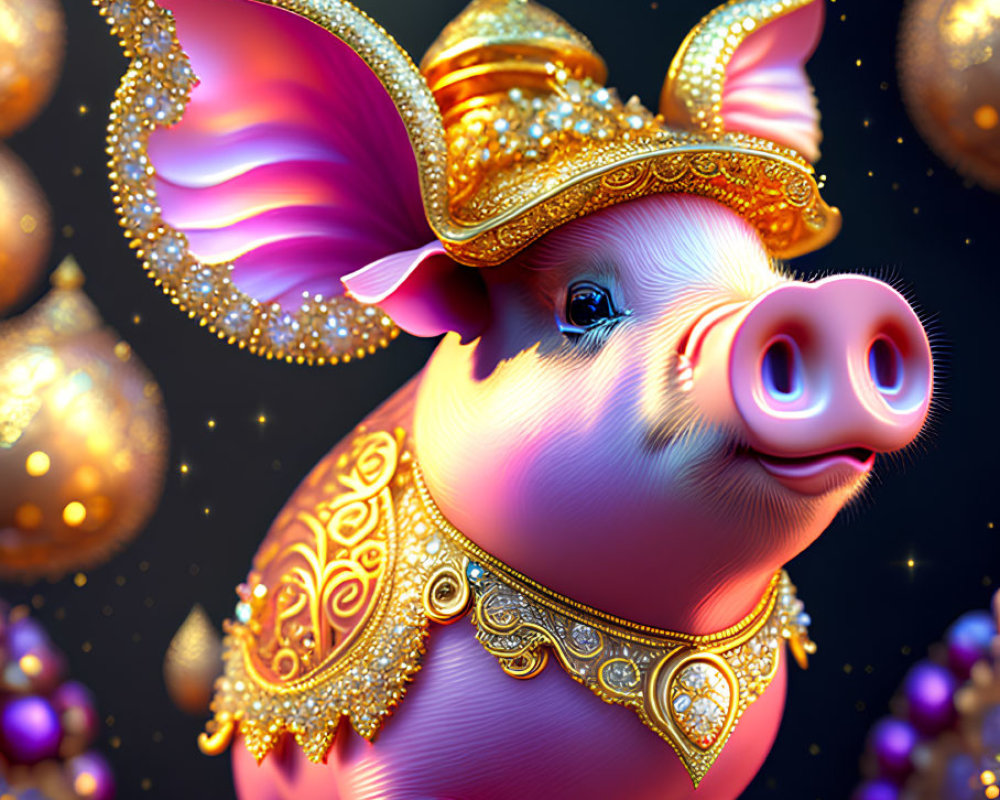 Illustration of Piglet with Golden Jewelry and Crown surrounded by Gems