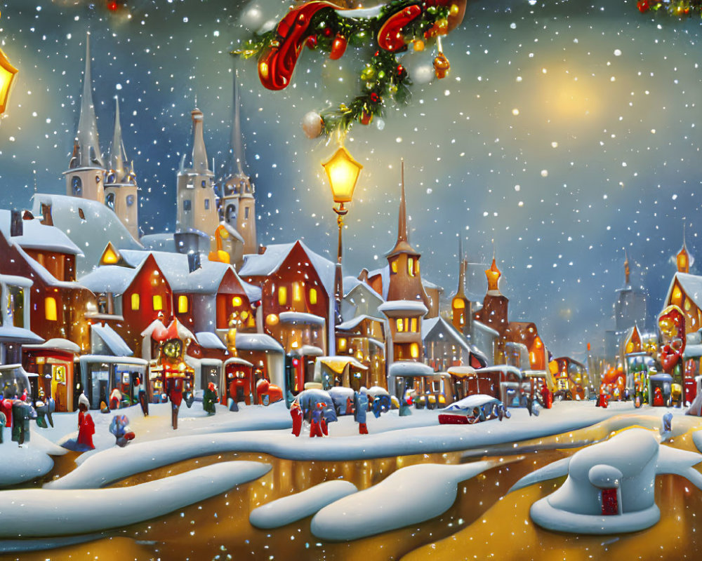 Snow-covered village scene with festive decorations and tranquil ambiance