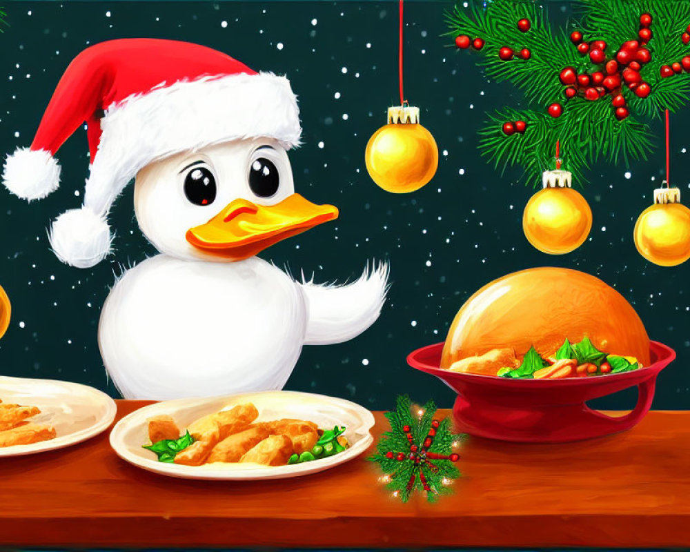 Festive Duck in Santa Hat with Holiday Feast and Decorations