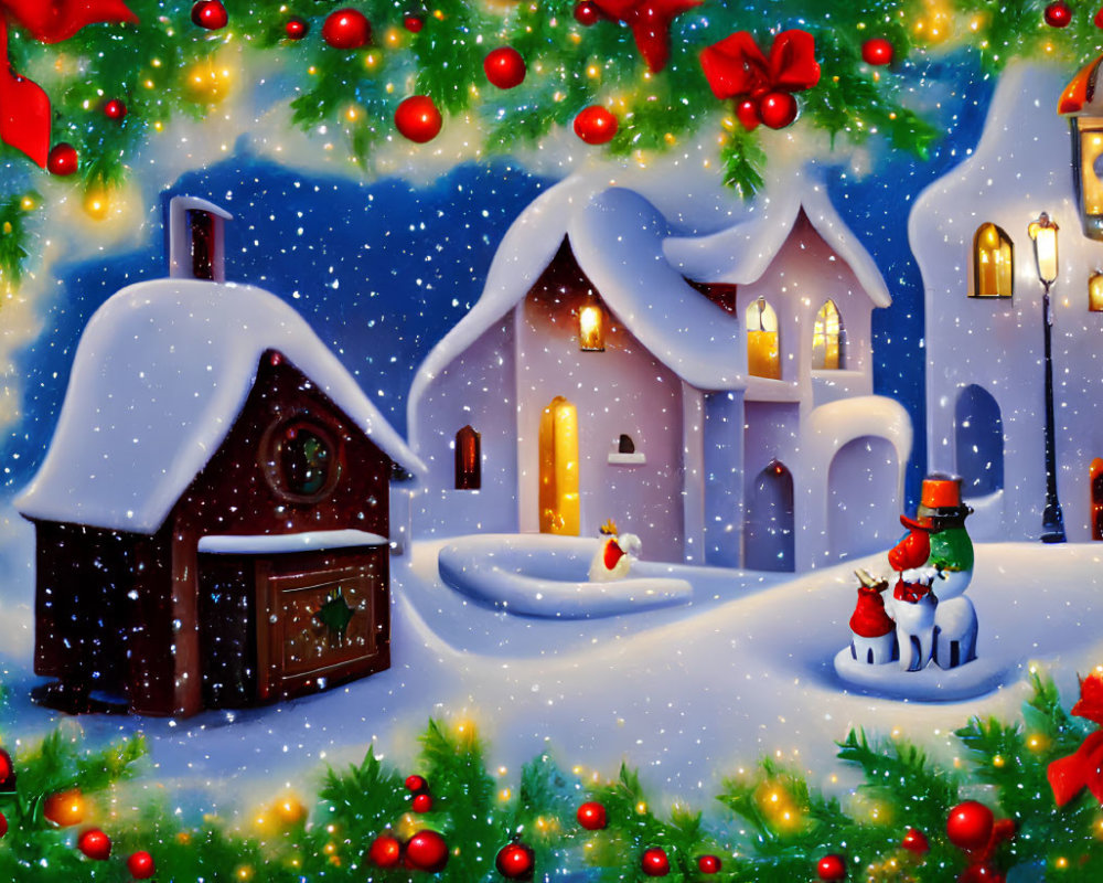 Snow-covered holiday village with street lamps, holly, decorations, snowman, and falling snowfl