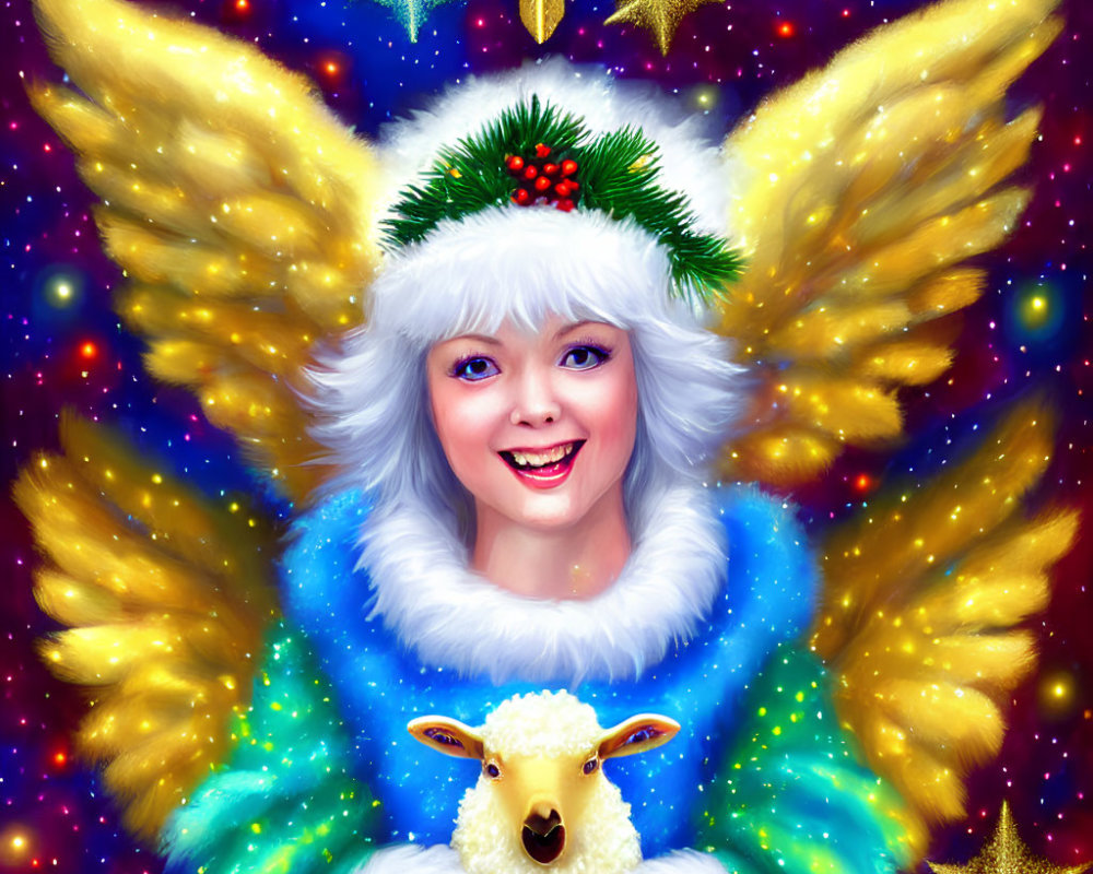 Festive angel with glowing wings holding a lamb on starry background