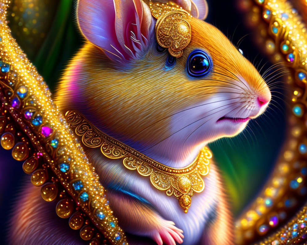 Illustrated mouse with expressive eyes in luxurious jewelry and fabric on dark background