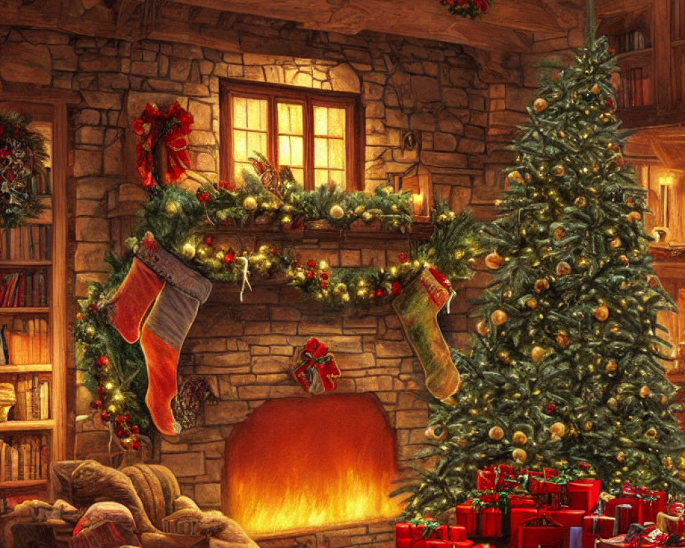 Festive Christmas scene with decorated tree, stockings, gifts, and warm lighting