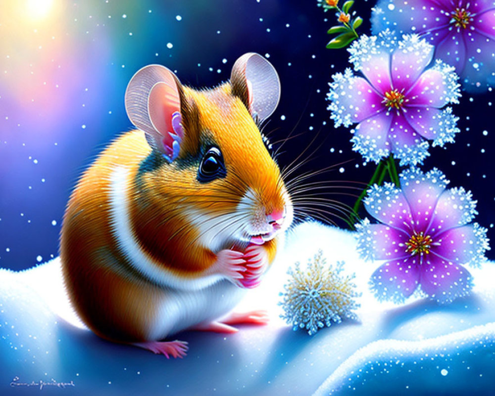 Colorful Illustration: Chubby Hamster in Snowy Landscape