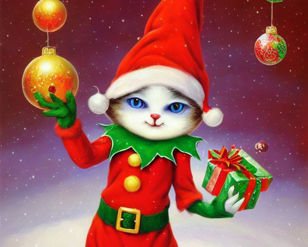 Whimsical Cat Santa Claus Juggling Ornaments on Snowy Background