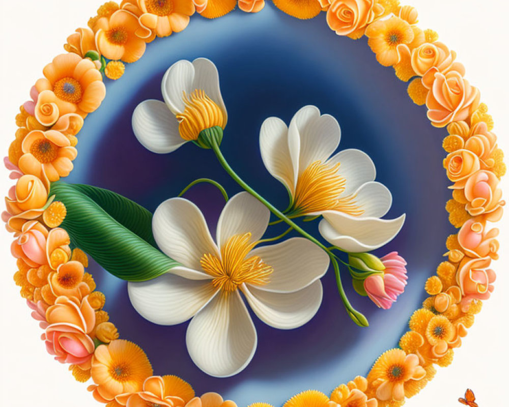 Circular white flower with orange blossoms on blue background and branding logos.