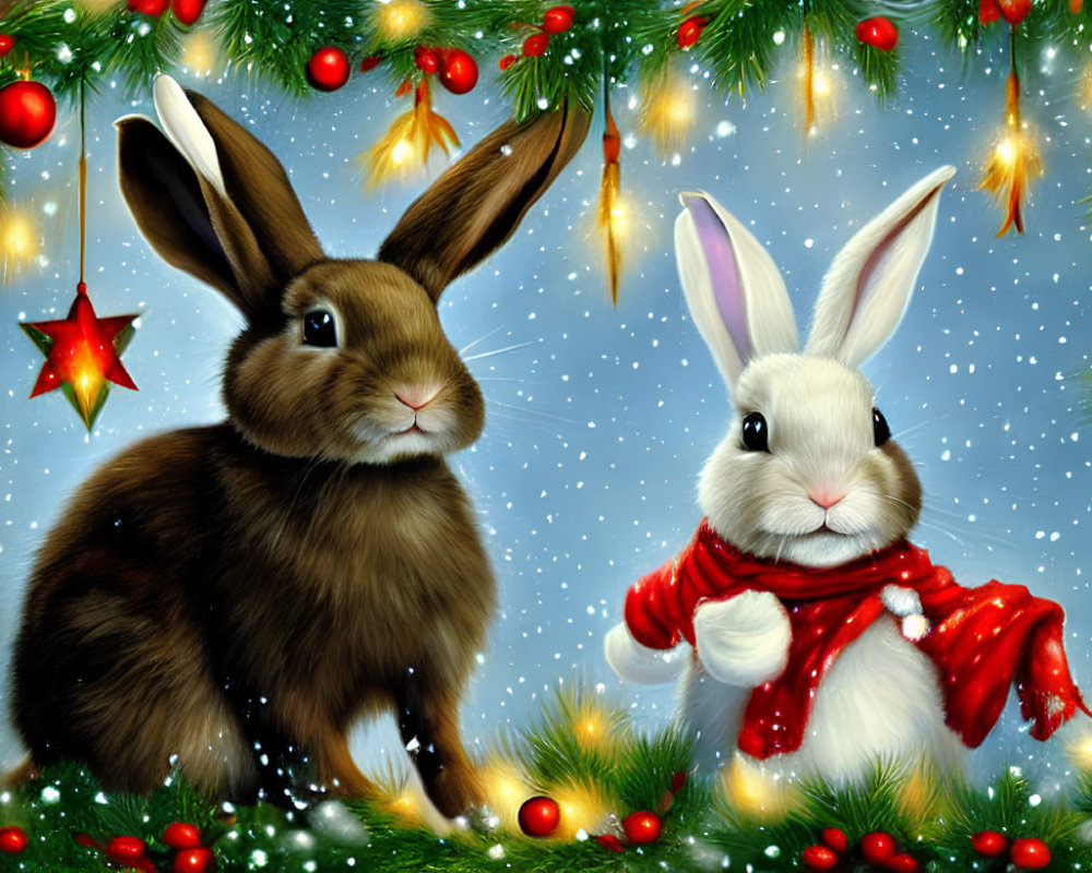 Illustrated brown and white rabbits with red scarf on festive Christmas background