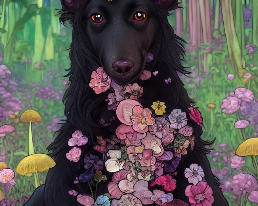 Black Dog with Unicorn Horn Surrounded by Mushrooms in Whimsical Forest