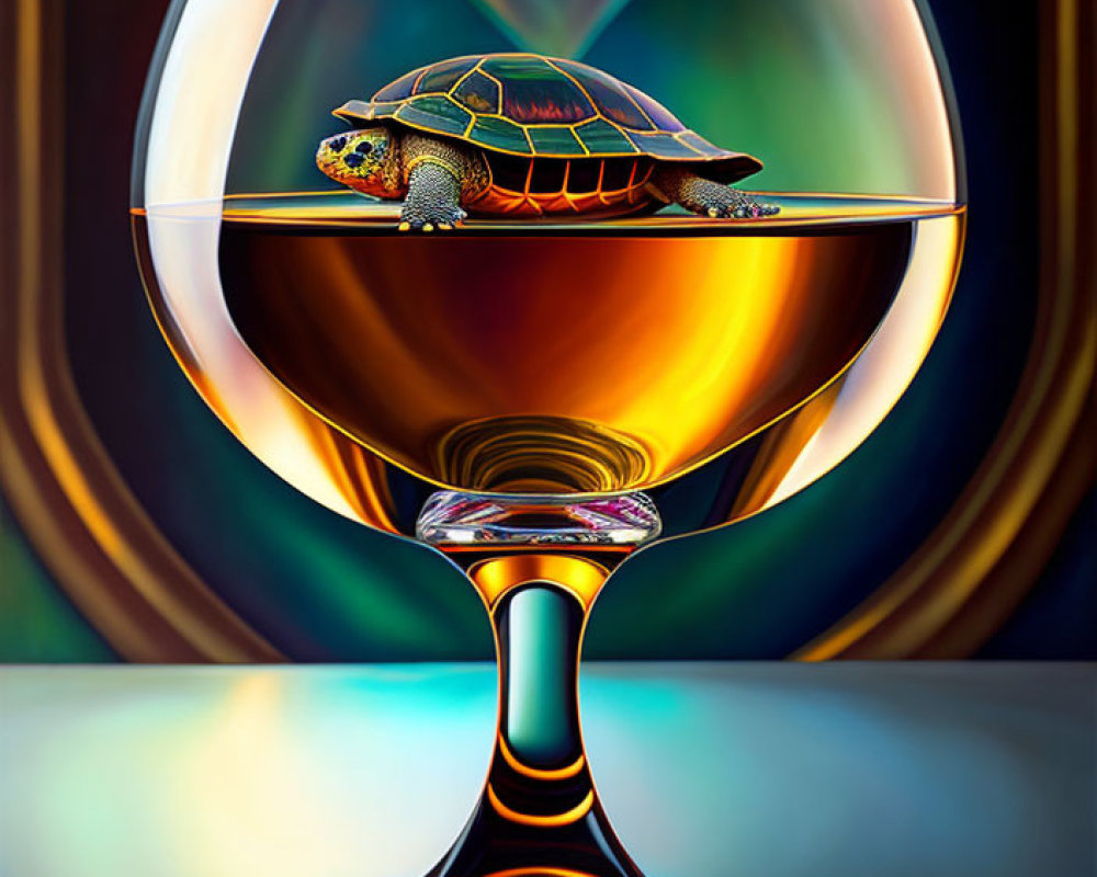 Vibrant surreal turtle in wine glass on abstract background