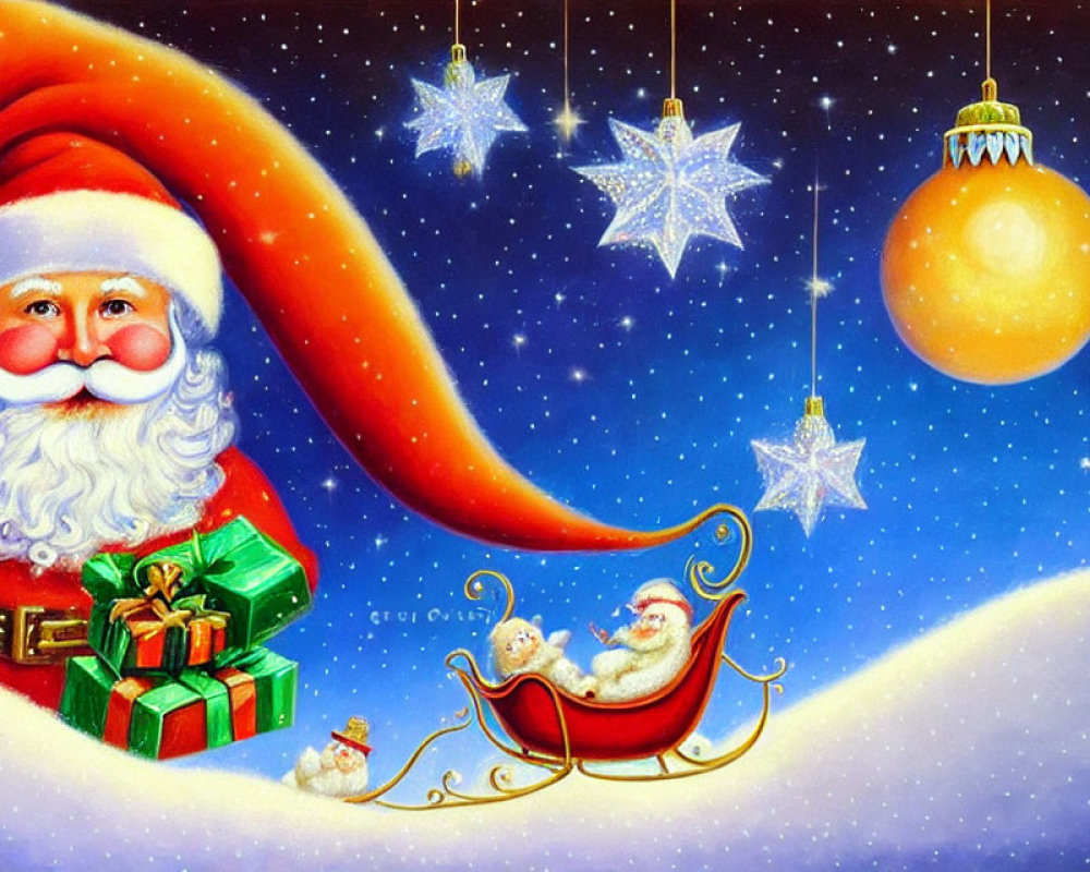 Vibrant Santa Claus illustration with gifts, sleigh, snowman, and starlit sky