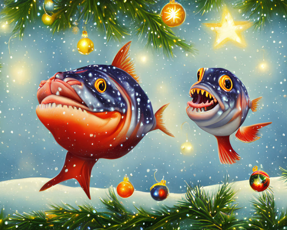 Cartoonish fish swim in Christmas tree scene with snowflakes