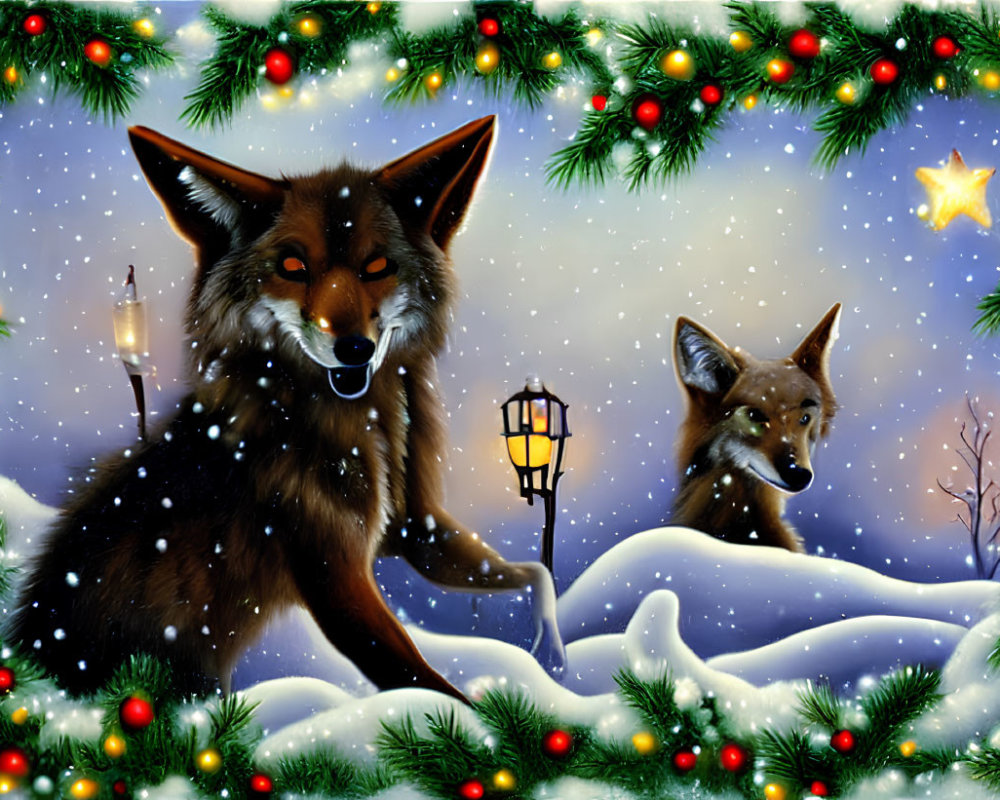 Winter foxes in snowy Christmas scene with lights