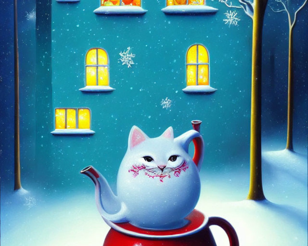 Whimsical painting of red teapot with snow-covered cat lid on snowy backdrop