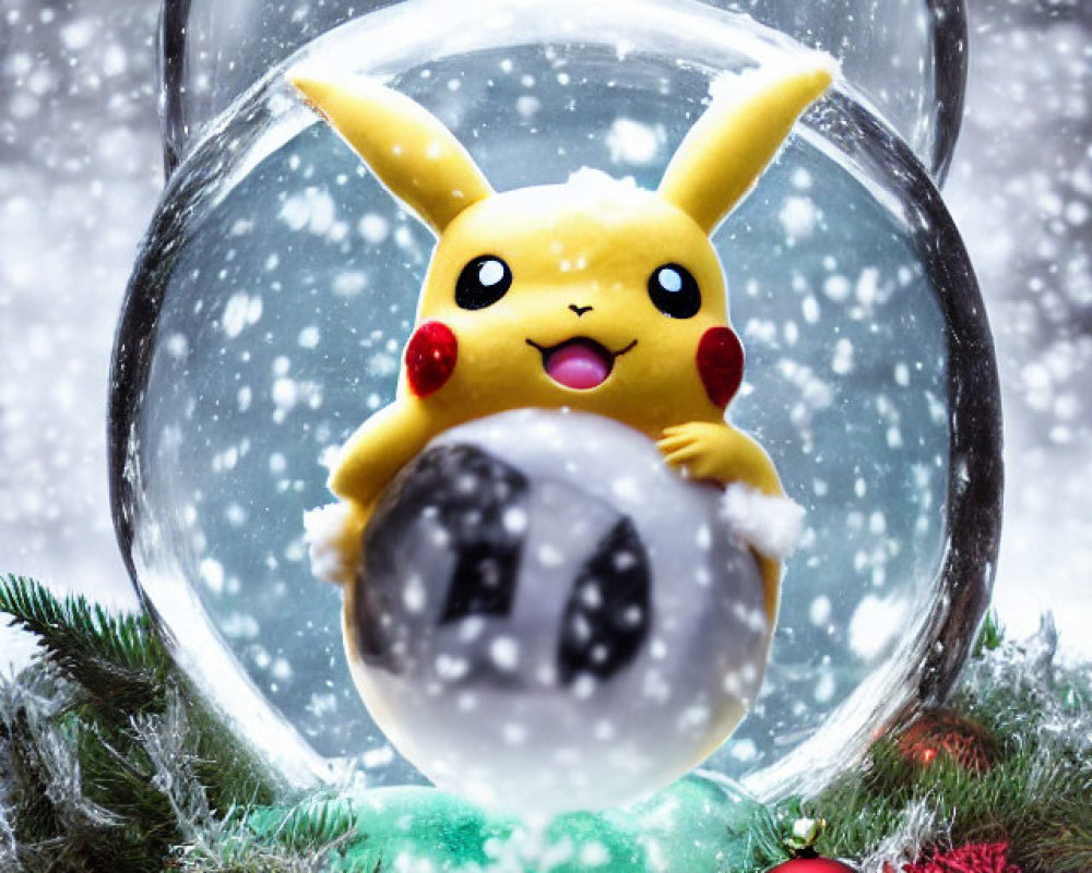 Snow Globe Pikachu Winter Holiday Scene with Snowflakes