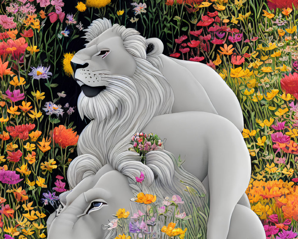 Two lions resting in colorful flower field with wilderness backdrop