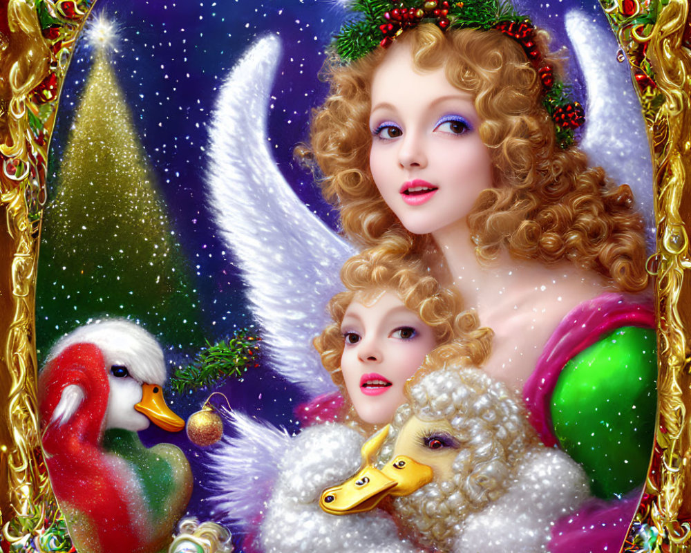 Blonde angel surrounded by ducks in festive frame