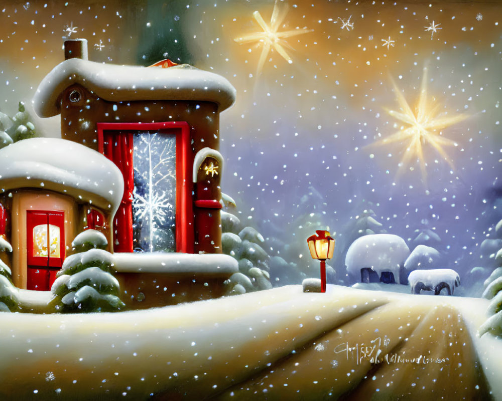 Snow-covered cottage with glowing windows and lamp post in snowy Christmas scene