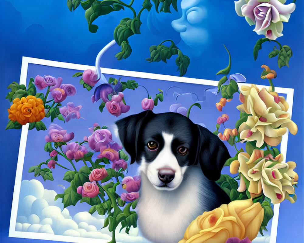 Colorful Dog Painting in Floral Frame on Blue Sky