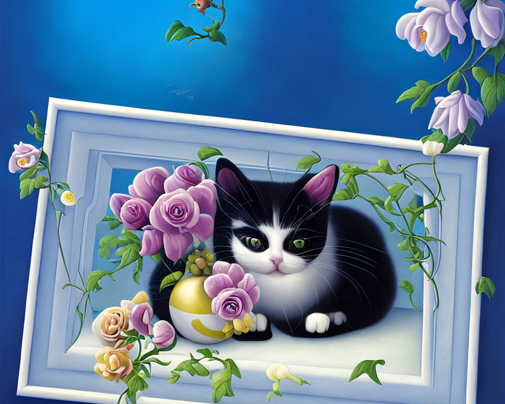 Whimsical black and white cat painting with floral frame and butterfly on blue background