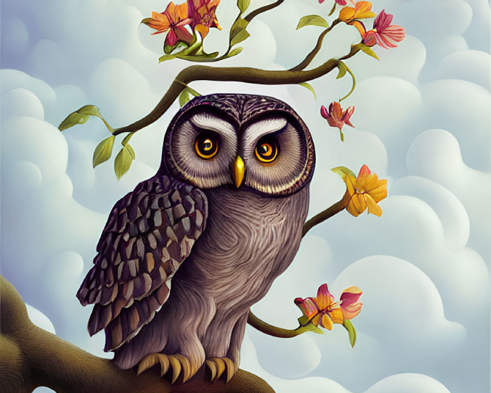 Surreal artwork of two stylized owls on a flowering branch under a cloudy sky