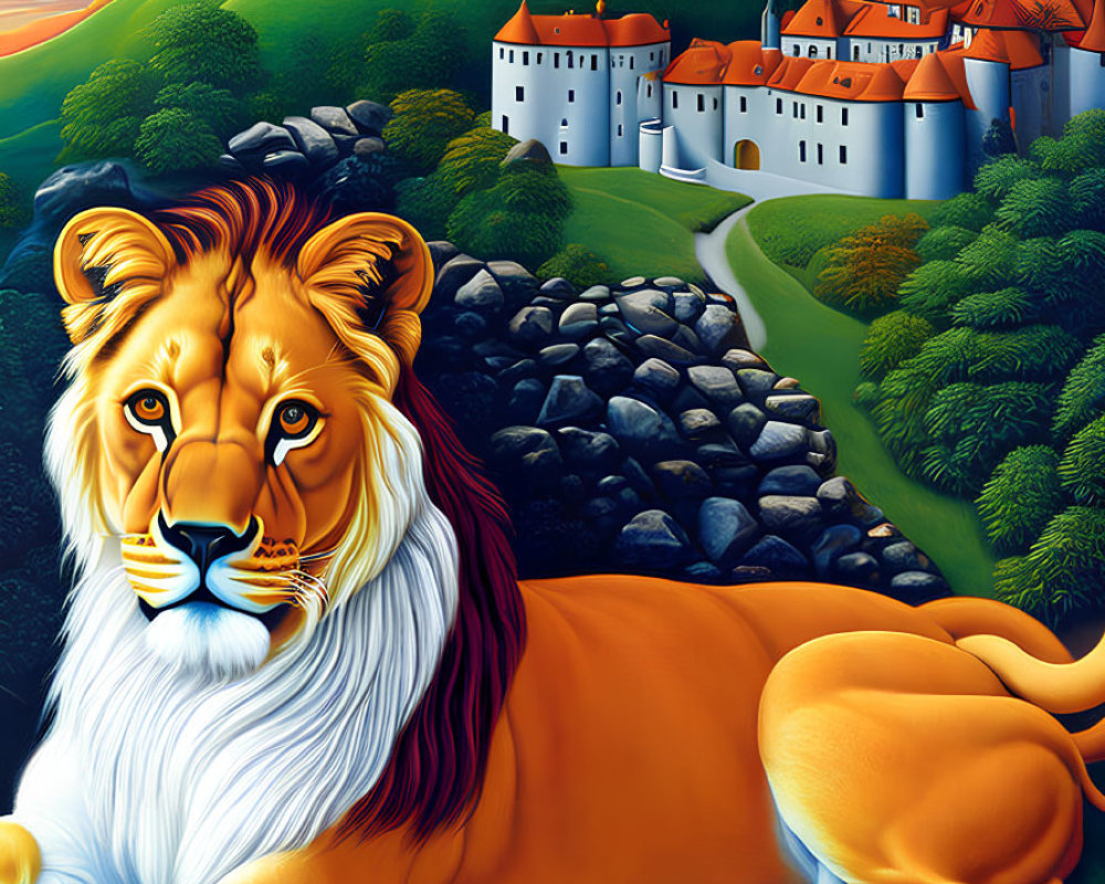 Colorful illustration: Majestic lion in foreground, whimsical landscape with fairytale castle in background