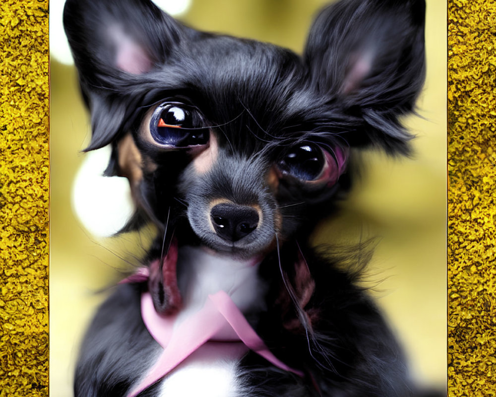 Small black and tan Chihuahua with pink ribbon collar on yellow textured background