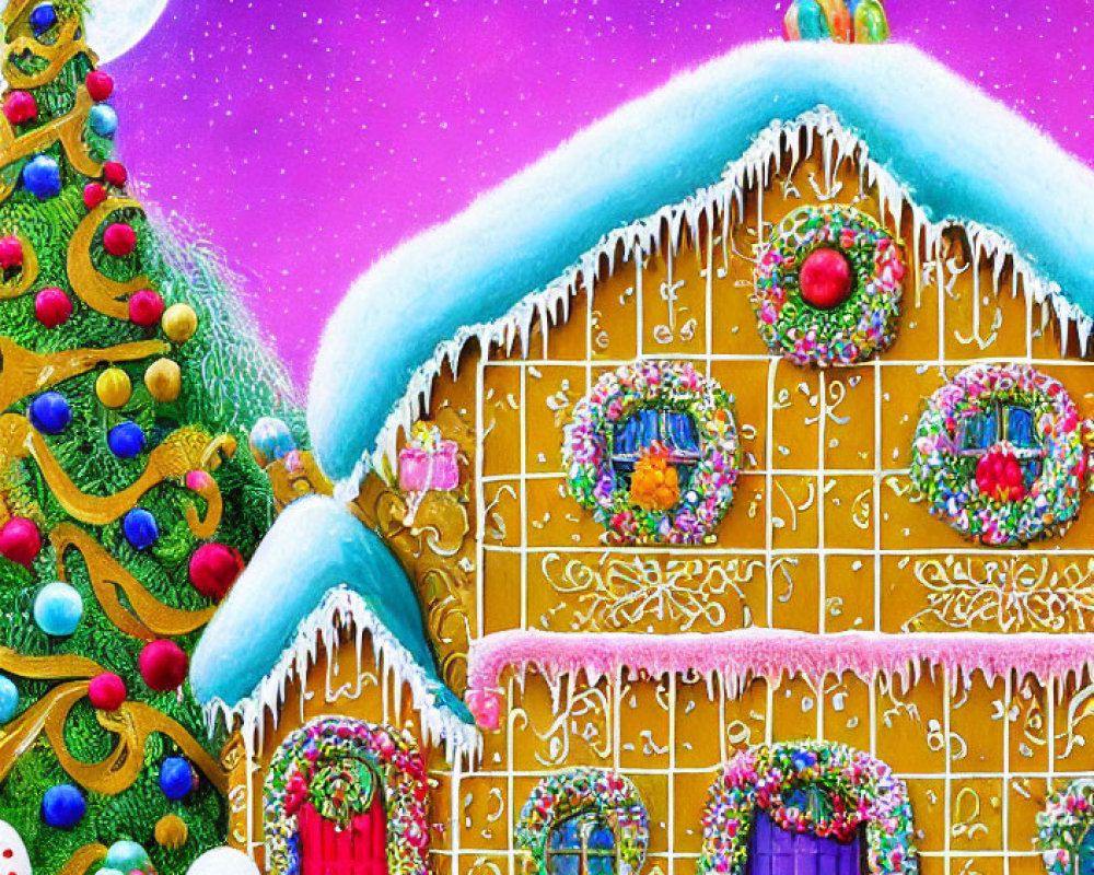 Whimsical gingerbread house with Christmas theme