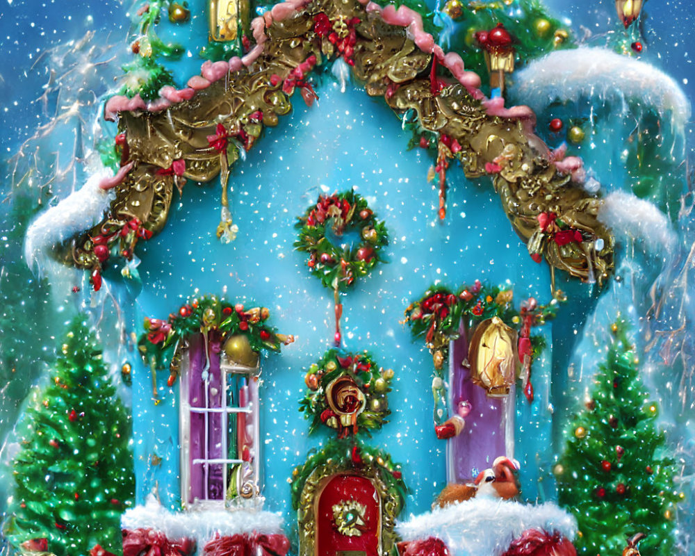 Snow-covered Christmas house with decorations and pine trees