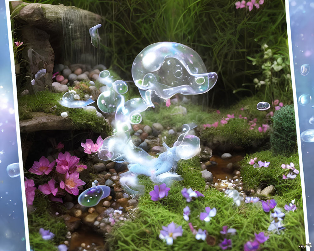 Vibrant flower garden with ethereal creatures in sparkling light