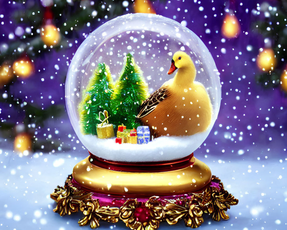 Duck-themed Christmas snow globe with falling snowflakes