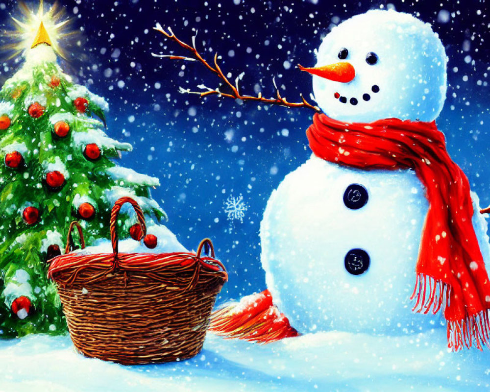 Snowman with red scarf and Christmas tree in snowy scene