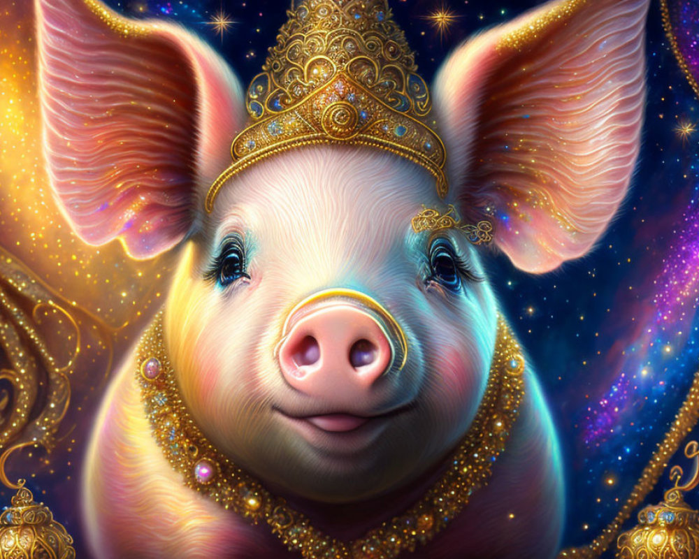 Whimsical pig with golden headgear in cosmic setting.