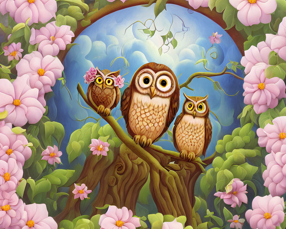 Cartoon Owls on Branch with Pink Flowers and Blue Sky