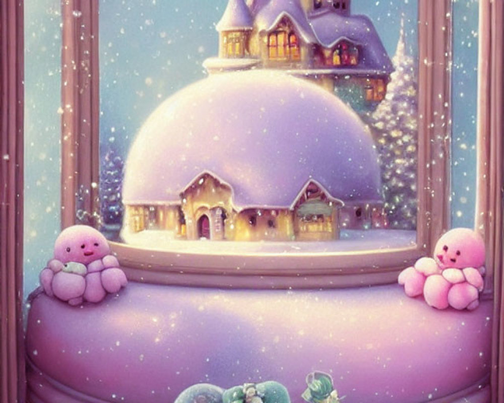 Snow-covered castle with playful snow creatures and green character blowing snowflakes in a whimsical winter scene