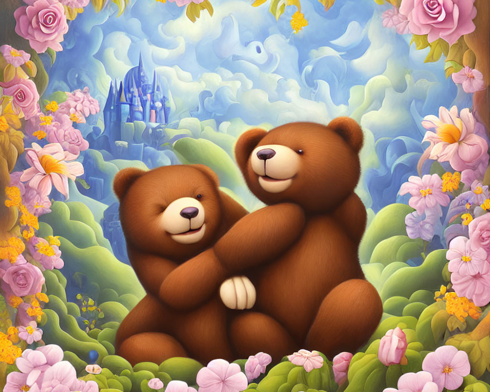 Colorful Cartoon Bears Hugging in Floral Setting