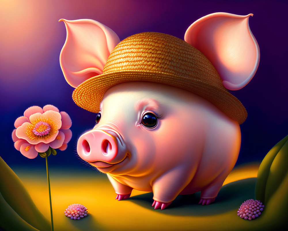 Whimsical pig in straw hat admiring pink flower at twilight