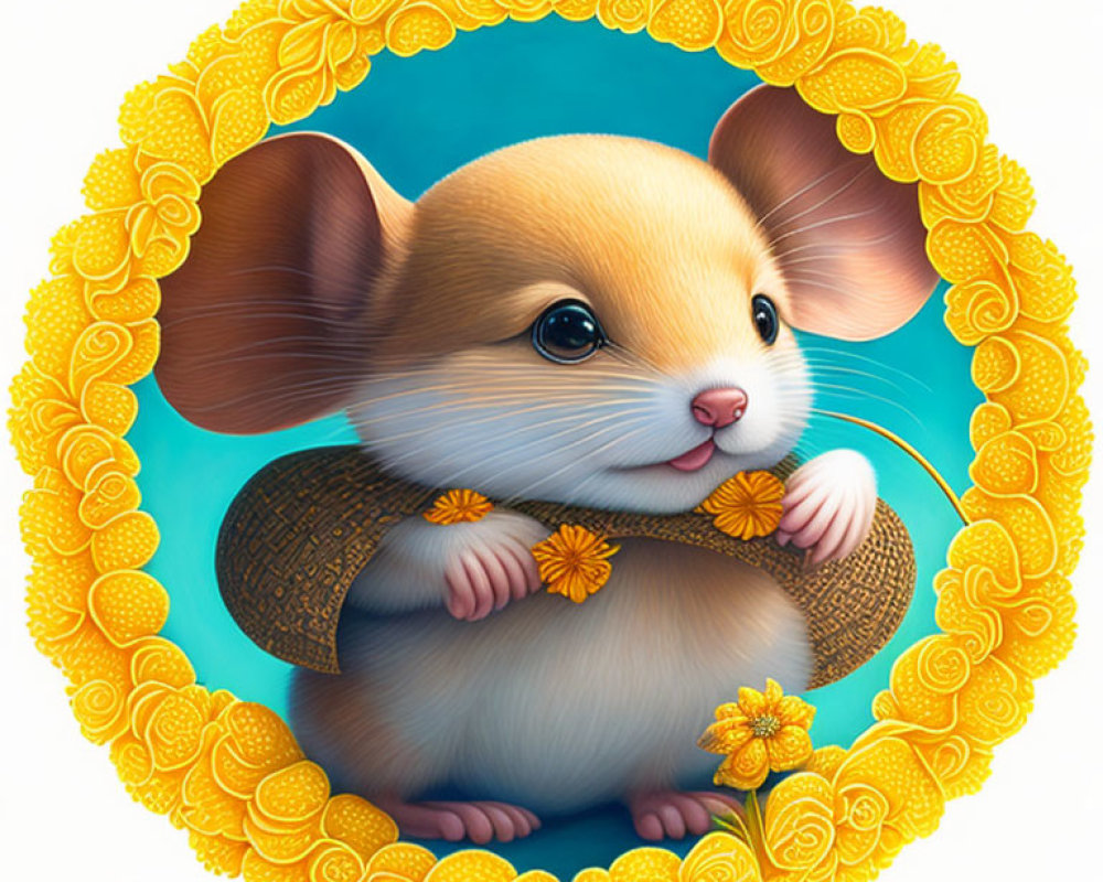 Illustration of cute mouse with oversized ears holding flower in golden floral wreath on blue background