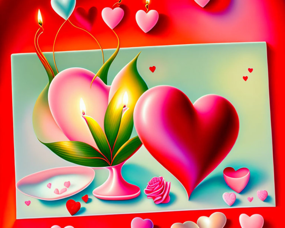 Romantic-themed digital artwork with hearts, candles, and flowers in red and pink.