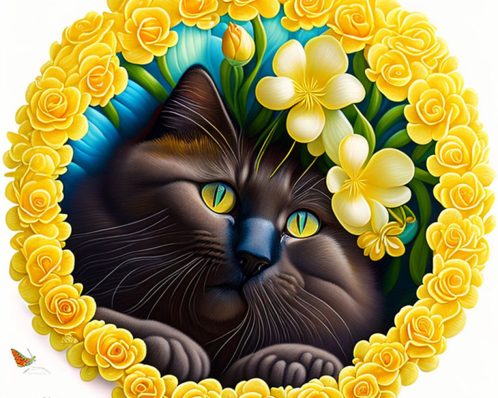 Brown Cat with Green Eyes in Floral Wreath and Butterfly Scene