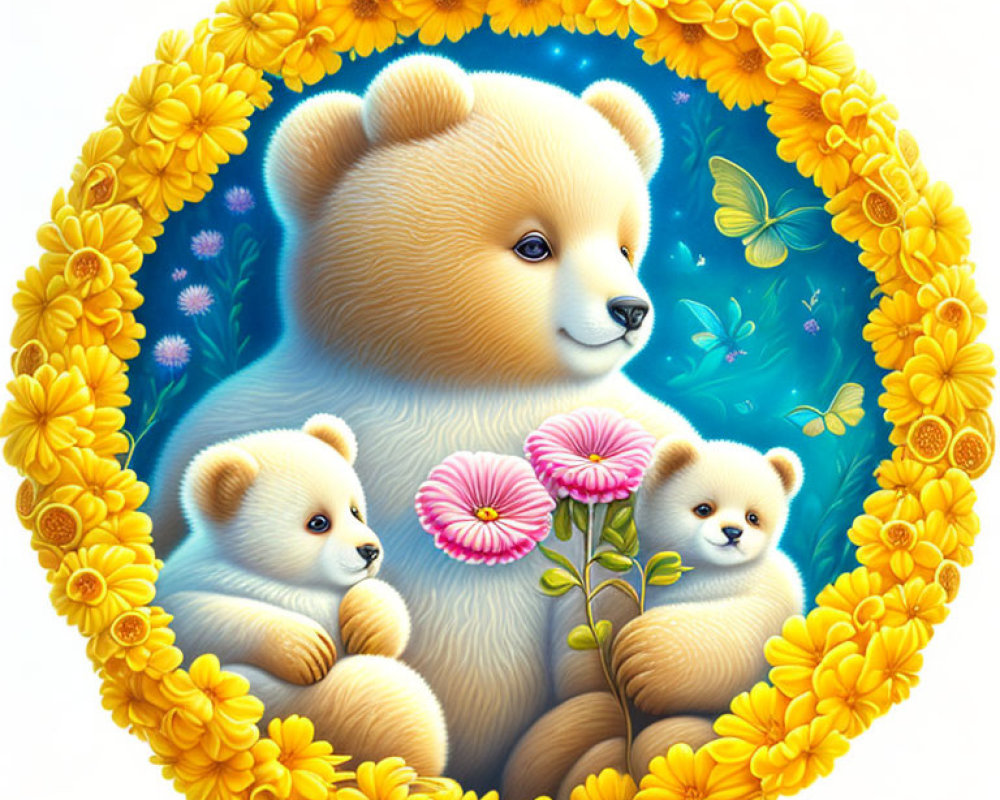 Smiling bear with cubs in floral wreath and butterflies